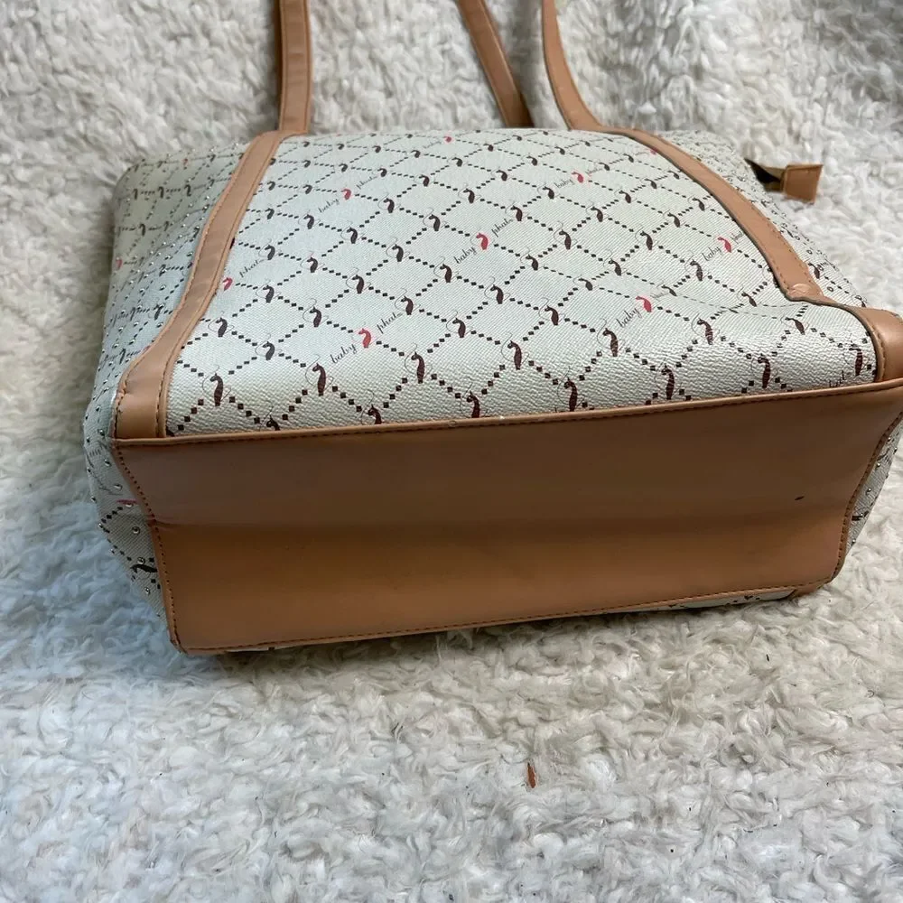 Babyphat beige logo brown & orange large tote with tan traps studs accents